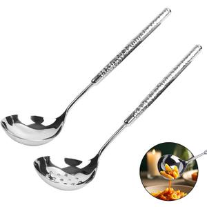 Stainless Steel Soup Ladle and Slotted Spoon Set, 9.4" Small Metal Ladle Spoon and Strainer Scoop Gravy Colander, for Hotpot, Buffet, Party, Restaurants, Kitchen, 2-Pack