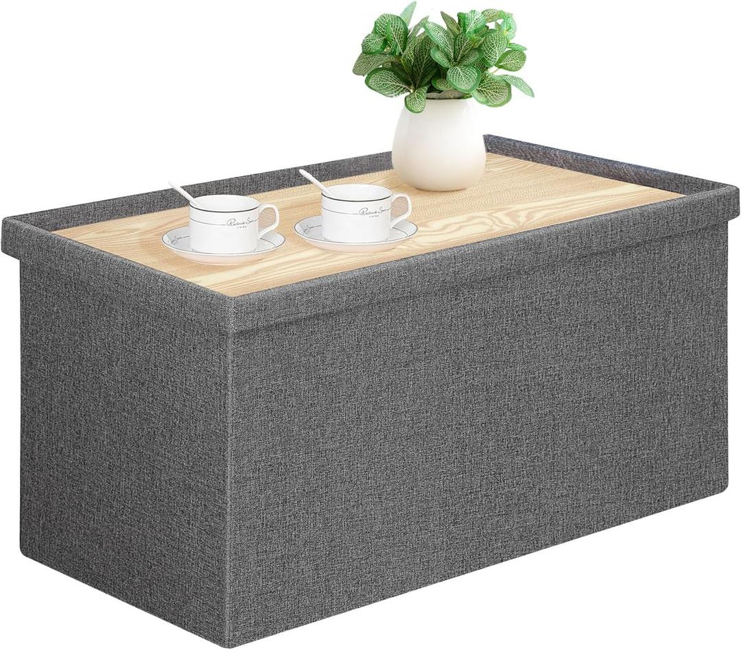 PINPLUS Folding Storage Ottoman Bench with Lid Tray, 30 inches Ottoman Coffee Table Grey Cube Chair Foot Rest Stool Storage Chest for Living Room Bedroom, Holds up to 550 lb