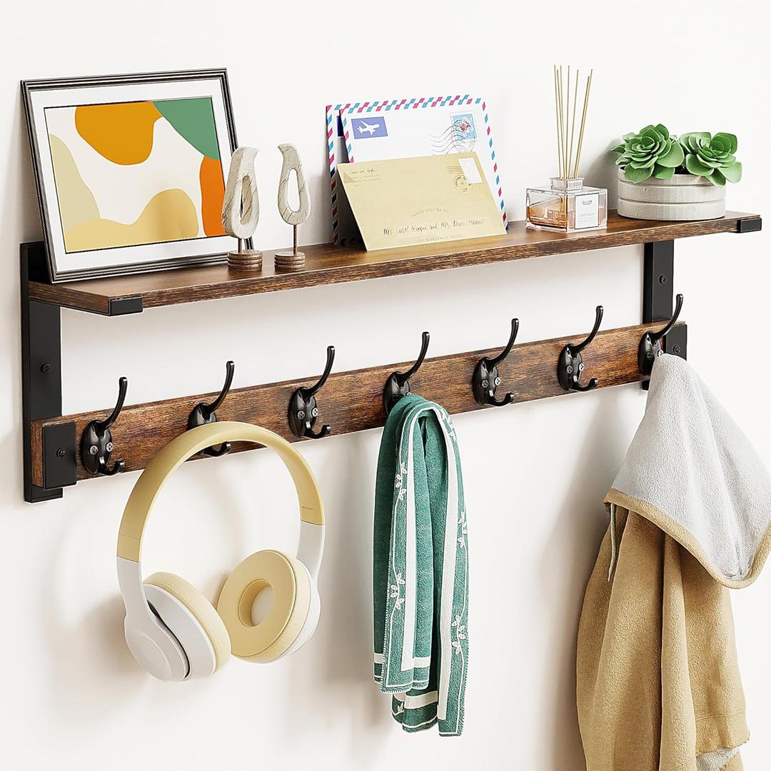 Wall Hooks with Shelf, Coat Rack Wall Mount, 28.7 Inch Shelf with Hook for Coat Backpack Key Clothes Hanger, Wall Floating Shelf Hanging in Entryway, Living Room, Bathroom, Bedroom, Kitchen (28.7" - 1 pack, Brown)