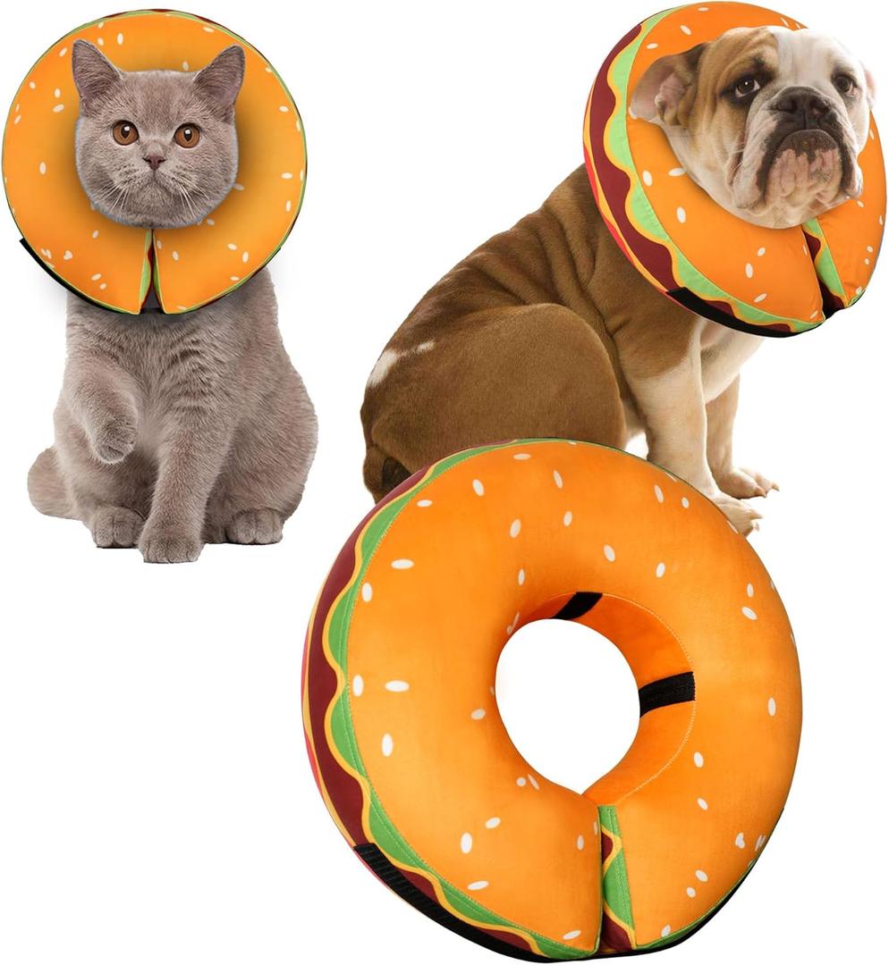 Inflatable Dog Cone Collar for Large Medium Small Dogs, Soft Adjustable Recovery Cone Collar for Dogs Cats,Dog Neck Donut Cone Alternative After Surgery(Hamburger,Small (SNeck 5"-8")