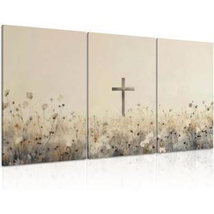 QKYKISS 3Pcs Jesus Wall Art Nature Wildflowers Cross Canvas Poster Religious Pastoral Scenery Picture Rustic Meadow Mural Country Flowers Art Print Living Room Bedroom Office wooden frame16x24in