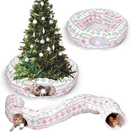 Leyndo 37 x 10 Inches Christmas Cat Tunnel Bed Under Christmas Tree with Central Mat for Xmas Tree Skirt Warm Soft Cat Tube in Red Green Multifunctional Decorative Bed