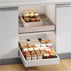 Pull out Cabinet Organizer,3 Sliding Rails,Width (11"-16"),Depth (13"-17") Expandable,No Drill Adjustable Slide out Drawers for Kitchen,Pantry, Adhesive Roll out Shelves,for Cabinets Without Lip,White