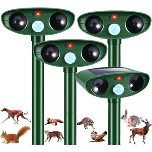4 Pack 2026 Solar Ultrasonic Animal Repellent Cat Rabbit Deterrent Racoon Deer Repellent Devices with Motion Detection for Squirrel Dog Rodent Waterproof Skunk Repellent for Yard