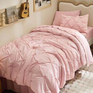 Bedsure Twin XL Comforter Set - Extra Long 5 Pieces Dorm Bedding Sets, Pinch Pleat Pink Bed in a Bag with Comforter, Sheets, Pillowcase & Sham
