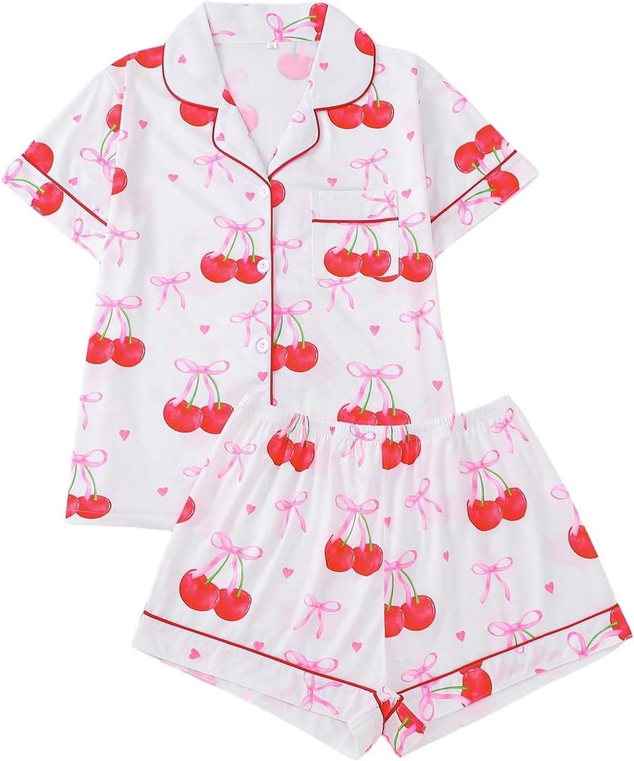 WDIRARA Women's 2 Piece Bow Cherry Print Pajama Set Short Sleeve Button Down Shorts Sleepwear Pjs (M)