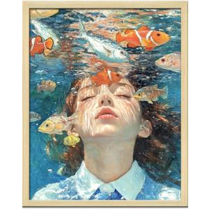 Girl Room Wall Art Prints The Girl In The Sea And Fish Poster Canvas Art Wall Decor Picture For Bedroom Office Dorm Bathroom Wall Decor Aesthetic Home Artwork 12"  16" With Framed (MK04.)