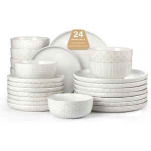 24 Piece Dinnerware Sets for 8 - Farmhouse Style Stoneware Plates and Bowls Sets - Scratch Resistant & Dishwasher Safe, Embossed Boho Ceramic Dish Set, Stack Compactly Dishware - Ivory White