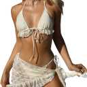 GORGLITTER Women's Lace High Waisted Bikini Sets Sexy Beach Triangle Halter Swimsuit with Bathing Suit Cover Up Skirts