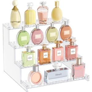 Lifewit 4 Tier Clear Display Riser Stand with Decorative Secure Fences, Tool-free Assembly, Plastic 12 Inch Perfume Organizer, Display for Figures, Cupcake, Dessert, 1-pack