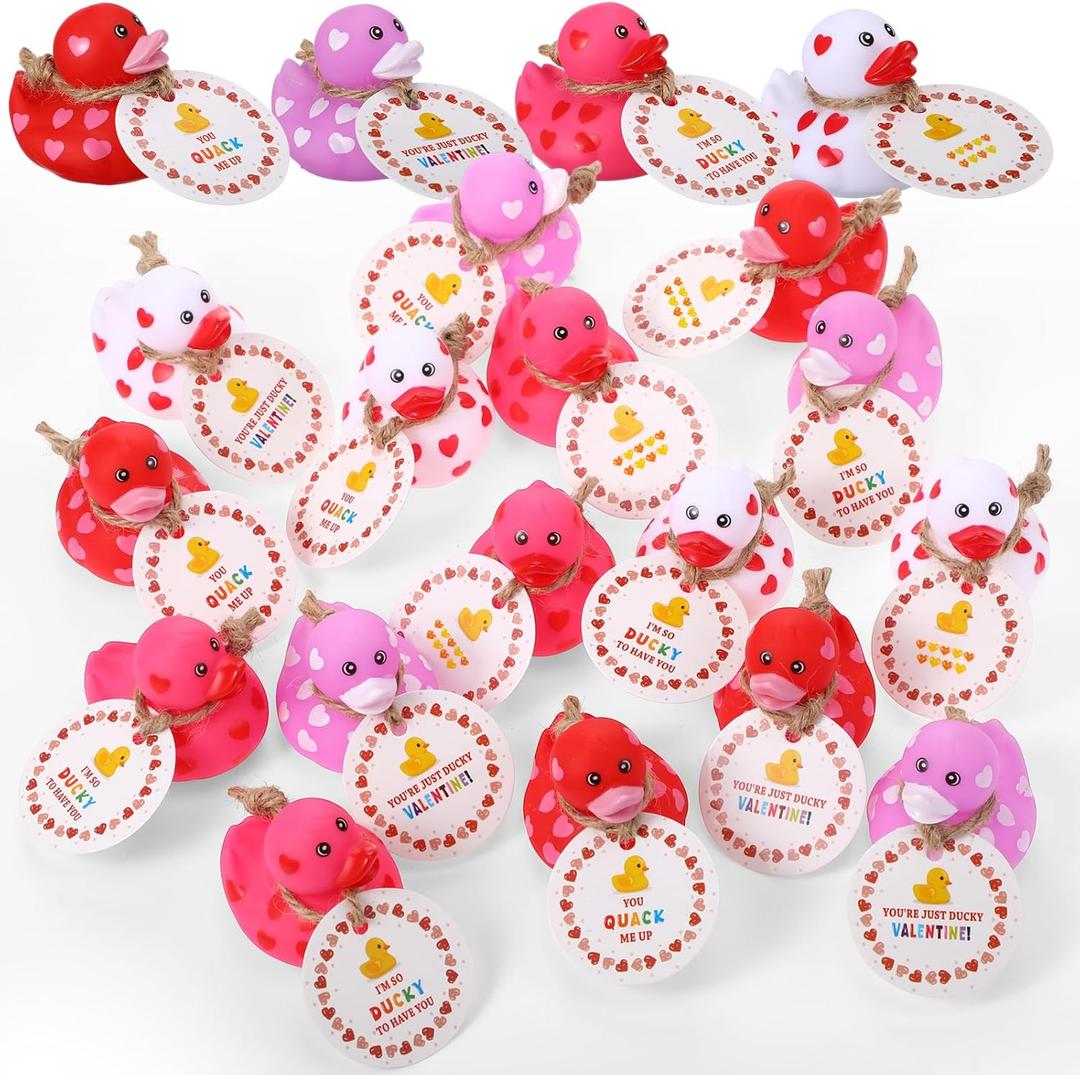 Jerify 24 Pcs 2 Inch Mini Valentine Rubber Duckies with Gift Cards Valentine's Day Heart Rubber Ducks Bath Toys for Classroom Exchange Carnival Party Favors Game Prize