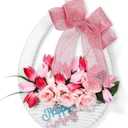 Lineshading Spring Tulip Basket Wreath for Front Door Happy Spring Basket Wreath Pink Tulip Artificial Floral Hanging Baskets Flower for Easter Holiday Party Farmhouse Window Porch Door Decor