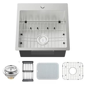 Kitchen Sink, Stainless Steel 18 x 18 Inch Drop In Bar Sink Top Mount Kitchen Sink Single Bowl Kitchen Sink Set - Sink Grid, Silicon Mat, Retracable Basket For Modern Kitchen Stylish and Functional