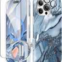 GVIEWIN for iPhone 16 Pro Case Compatible with MagSafe, with Screen & Lens Protectors, Military-Grade Protection Slim Marble Shockproof Magnetic Phone Case for 16 Pro 6.3", Azurite Drift/Blue