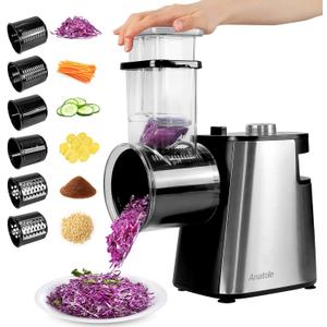 Anatole Electric Cheese Grater Stainless Steel Vegetable Shredder 6 Blades 250W Large Inlet Outlet BPA-Free 110V
