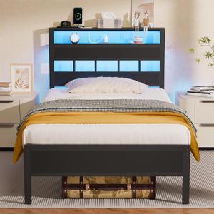 Furnulem Twin Bed Frames with Charging Station and LED Lights, Twin Size Platform Bed with Metal Slats, Wood Headboard with 2-Tier Storage Shelves, No Box Spring Needed, Black Oak
