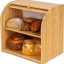 Bamboo Bread Box for Kitchen Countertop, Roll-top Breadbox Breads Storage Boxe with Adjustable Middle Shelf