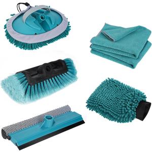 Car Wash Brush with 3 Replaceable Brush Heads - Soft Car Brush, Chenille Car Wipe, Window Squeegee, Chenille Glove & 2 Microfiber Towel - Extension Pole Not Included.