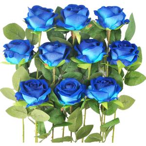 Kenpal 10pack Realistic Fake Roses Artificial Flowers with Stem for Decor Centerpieces Wedding Bouquets (Blue)