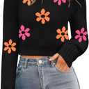 Zeagoo Women's 2026 Fall Crewneck Cropped Sweater Trendy Long Sleeve Ribbed Knit Pullover Jumper Tops (Z-black-flower) Size S
