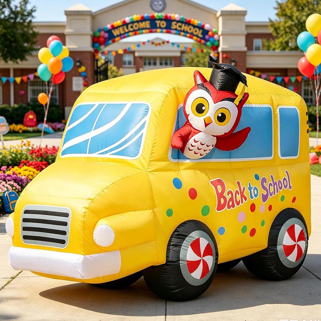 6FT Back to School Inflatable Professor Owl & School Bus with LED Lights – Blow Up Decor for Kindergarten First Day, Welcome Back & Graduation Parties, Ideal for Patio, Garden & Yard Décor