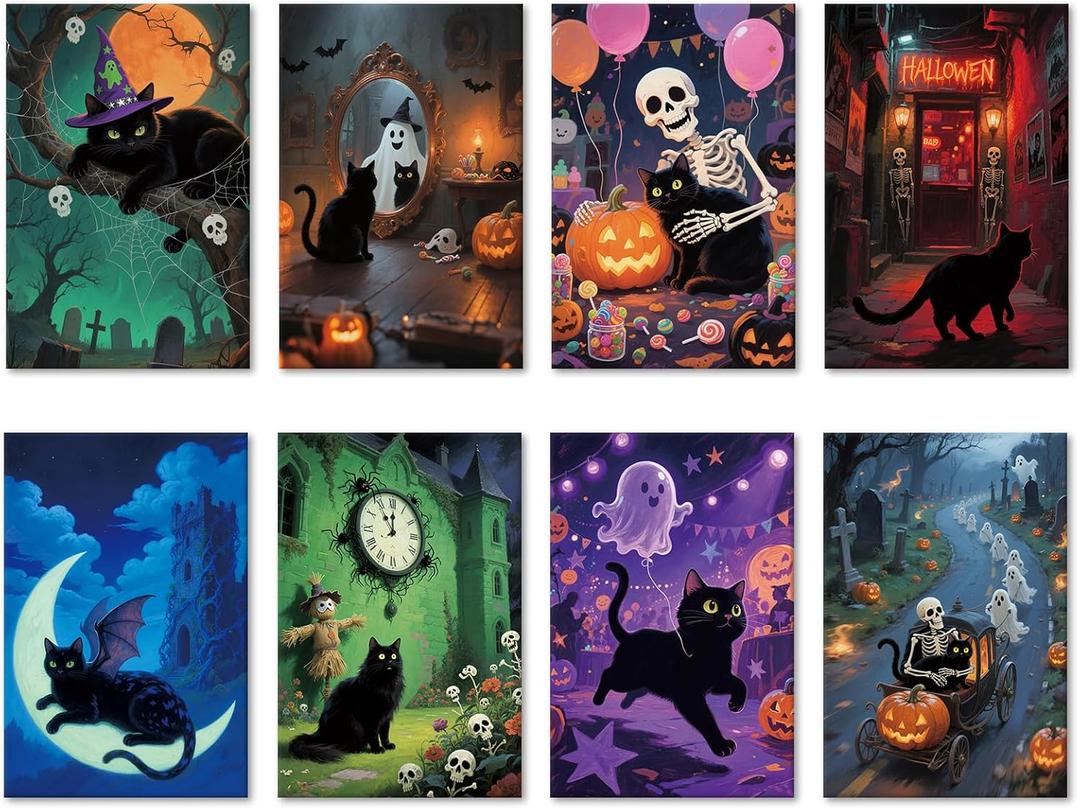 24 Pack Black Cat Halloween Greeting Cards Set, Boxed Spooky Season Gift for Friends Family, 8 Cat-Themed Halloween Cards Bulk With Envelopes and Stickers, 4x6in