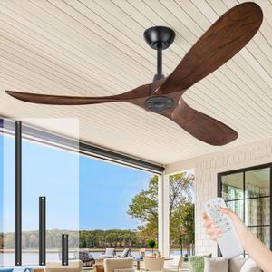 60 inch Ceiling Fans Without Lights, Wet Rated Outdoor Ceiling Fans for Patios Outside Porch, 3 Blade Walnut Wood Ceiling Fan no Light with Remote Control, High CFM 6 Speeds, Quiet DC Motor