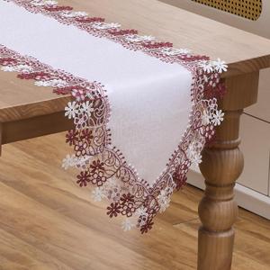 White Dark Red Floral Lace Jacquard Table Runner Dresser Scarf 108 inches Long for Kitchen Dining Coffee Table Parties Wedding Home Decor(16” x108”, Dark Red Floral)