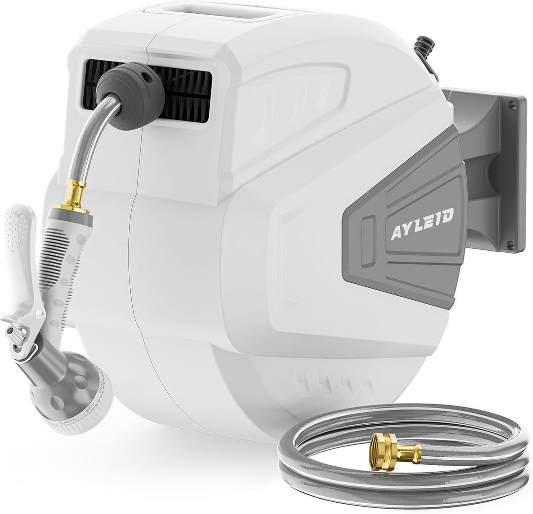 Ayleid Retractable Garden Hose Reel,1/2 in x 100 ft Wall Mounted Hose Reel, with 9- Function Sprayer Nozzle, Any Length Lock/Slow Return System/Wall Mounted/180Swivel Bracket (Grey)