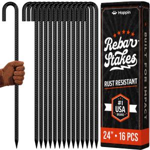 Happin® 24 Inch Rebar Stakes, J Hooks, Tent Stakes Heavy Duty Galvanized Garden Stakes – Trampoline Stakes, Chain Link Fence parts, Canopy, Lawn Decorations, Inflatables, Swing Set (J Shape – 16 Pack)