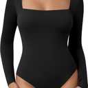 Laughido Women's Square Neck Long Sleeve Fitted Bodysuit Double Lined Fall Basic Trendy Tee Shirt Tops (Black, M)