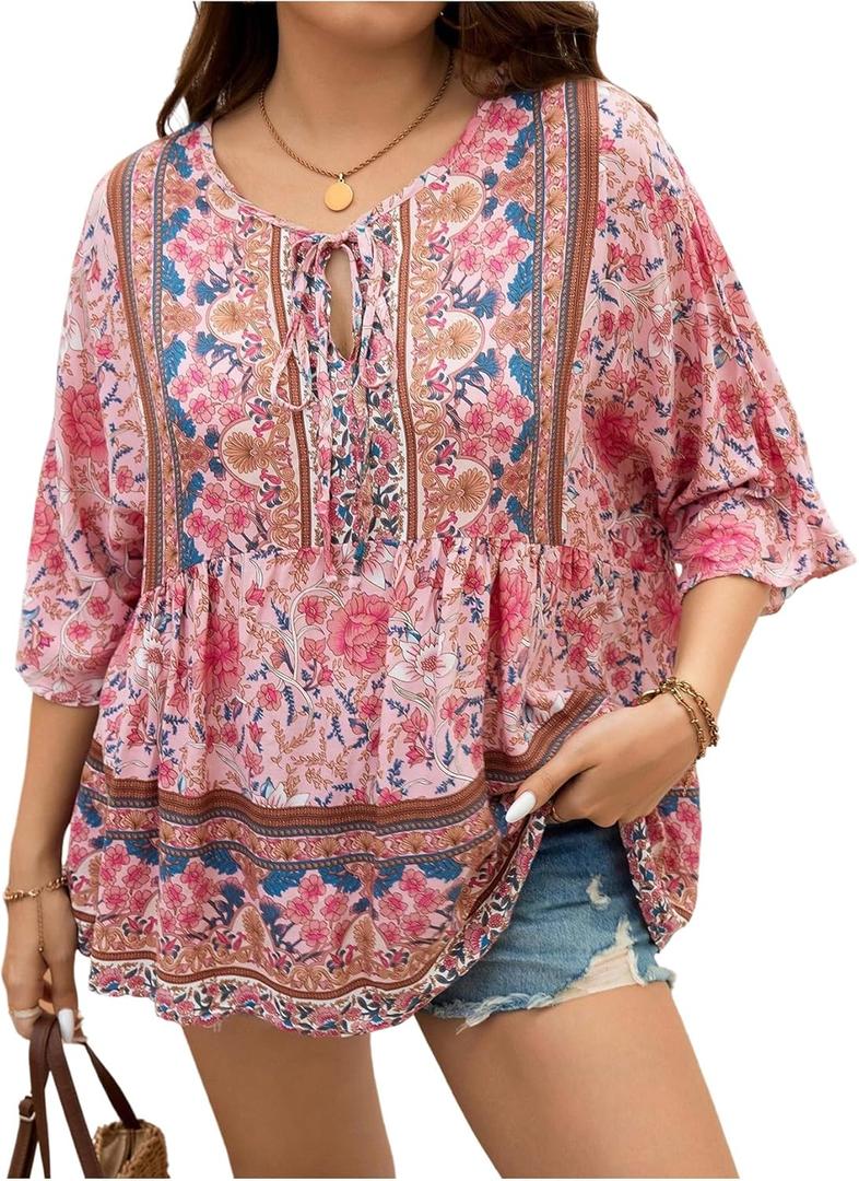WDIRARA Women's Plus Size Boho Floral Print Ruffle Hem Blouse Tie Front 3/4 Sleeve Peplum Top (Large Plus, Pink)