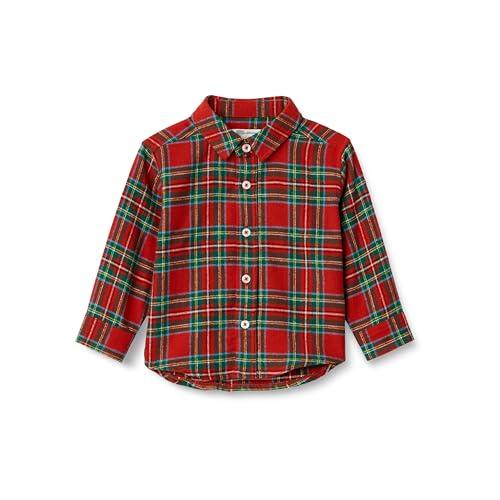 Amazon Essentials x Sofia Grainge Baby Boys' Button Down Plaid Flannel Shirt, Cherry Red Festive Plaid, 18 Months