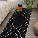 HAOCOO Boho Bathroom Runner Rug 2 X 4.3, Black Geometric Washable Woven Cotton Diamond Area Rug, Chic Moroccan Tribal Tassel Kitchen Rug,Throw Floor Mat Carpet Decorative for Living Room Bedroom, Black 