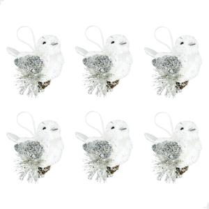 Nature Vibe Faux Fur White Silver Ornaments, Set of 6 Furry Birds with Pinecone,Silver Woodland Animals Figurines as Winter Decor