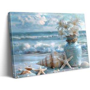 Blue Ocean Beach Bathroom Canvas Wall Art Starfish with White Flower Coastal Picture Wall Decor Seascape Poster Seaside Seashell Painting Print Artwork for Living Room Bedroom Restroom, Framed