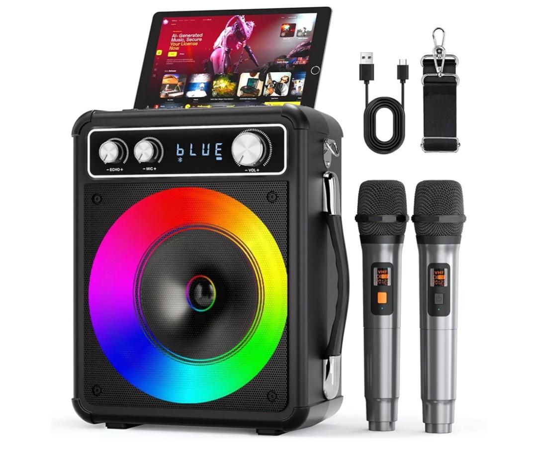 Karaoke Machine, Portable Bluetooth Karaoke Speaker with 2 Wireless Microphones, PA System for Adults Kids with LED Lights & Echo Adjustment, Supports TWS/TF/USB/AUX for Home Party