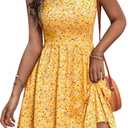 HUHOT Women's Summer Casual Square Neck Dress with Pocket Cute Sleeveless High Waist A-line Sundress Midi Dresses (Yellow Floral-1, S) 