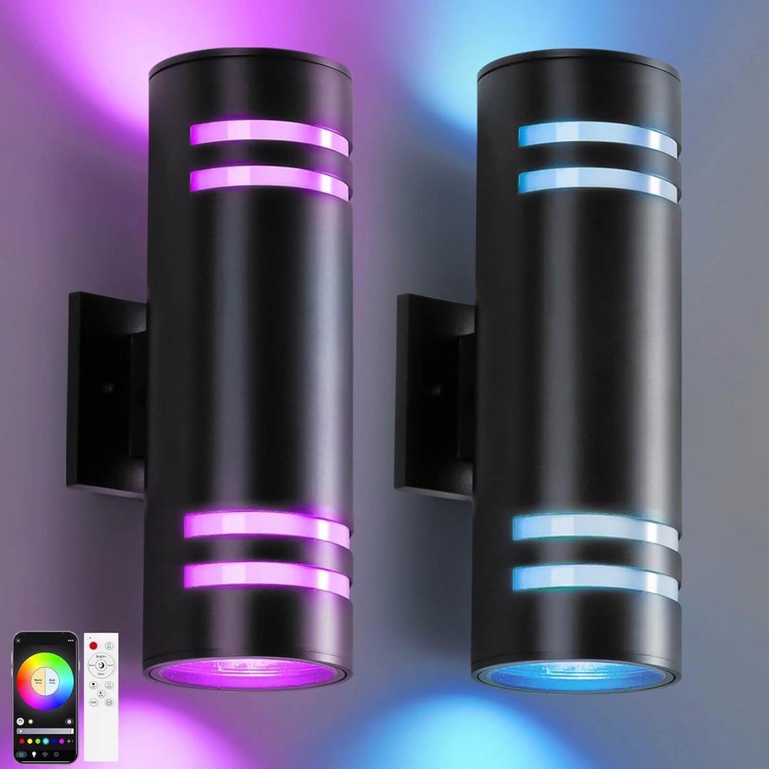 KIZON Smart Porch Lights 2 Pack, Modern Dusk to Dawn Outdoor Wall Lights Color Changing, Dimmable RGB Exterior Sconce Up and Down Light, Outside Lights for House Garage, Works with Alexa, ETL Listed