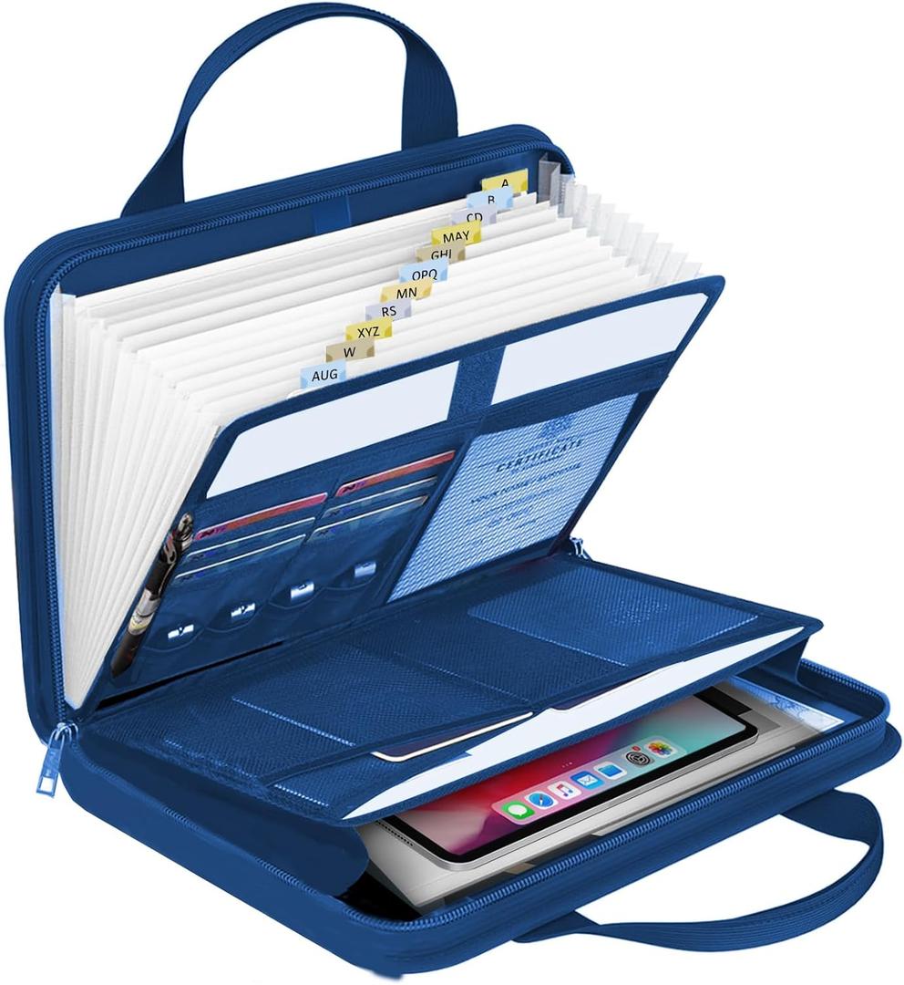 onvvippiv File Organizer Fireproof Expanding Accordion File Folder with Zipper Labels13 Pockets Document Organizer Holder Storage Box Bag for Business Office Receipt Home Travel (Blue)