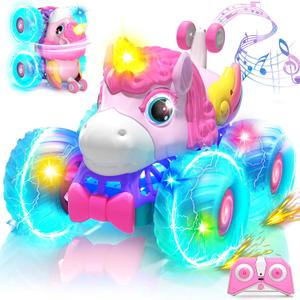 Lehoo Castle Remote Control Car for Girls 360 Rotating, Unicorn Monster Truck with Light & Music, 4WD All Terrain RC Stunt Car Rechargeable, 2.4GHz RC Truck for 3 4 5 6 7 8 Girls Birthday Gift