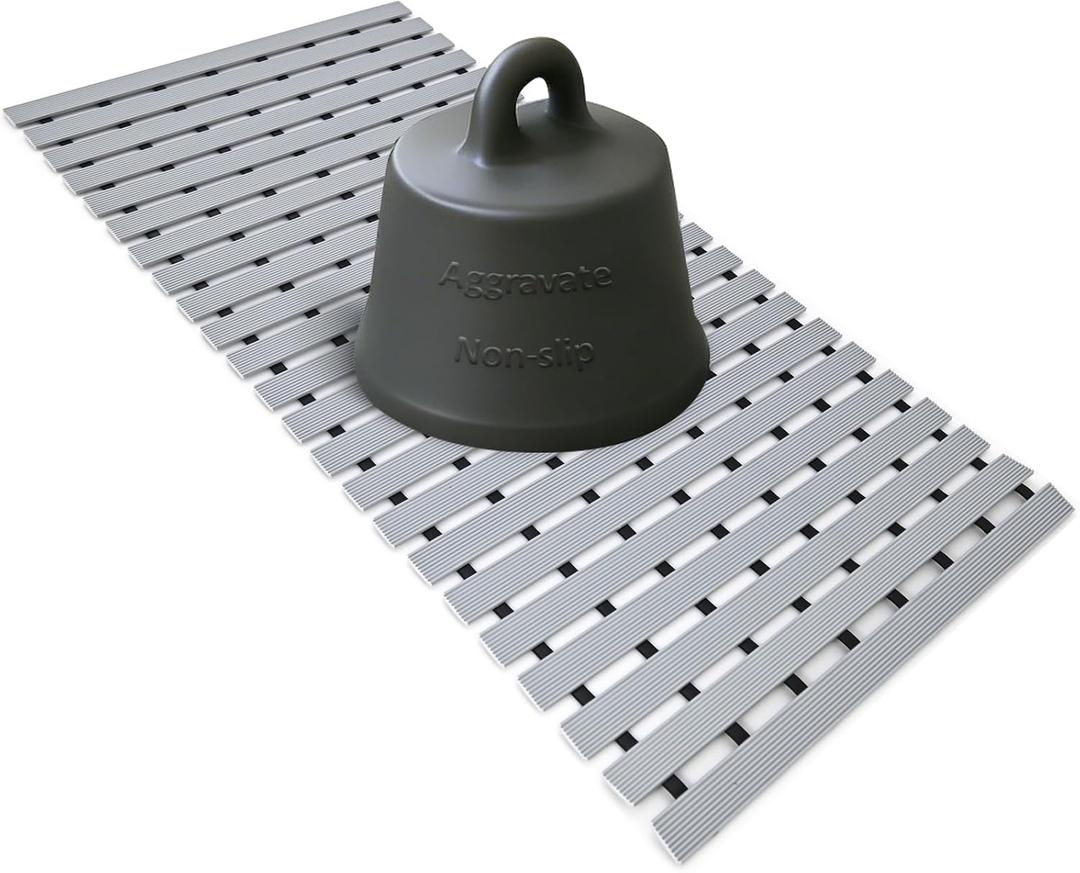 Grey Weighted Non Slip Bathtub Mat Without Suction Cups,Textured TPE Bath Mat for Textured Tub & Shower Surfaces,Doesn't Float, Works on Tile and Stone(33.8”x 17”), 0.1" x 0.1"