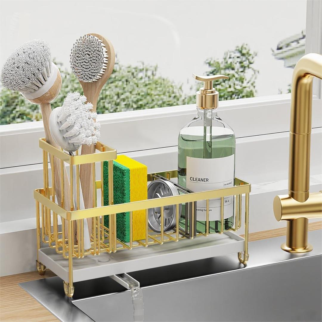 Cisily Sponge Holder for Kitchen Sink, Sink Caddy Organizer with High Brush Holder, Kitchen Countertop Organizers and Storage Essentials, Rustproof 304 Stainless Steel (Gold, 9.25″)