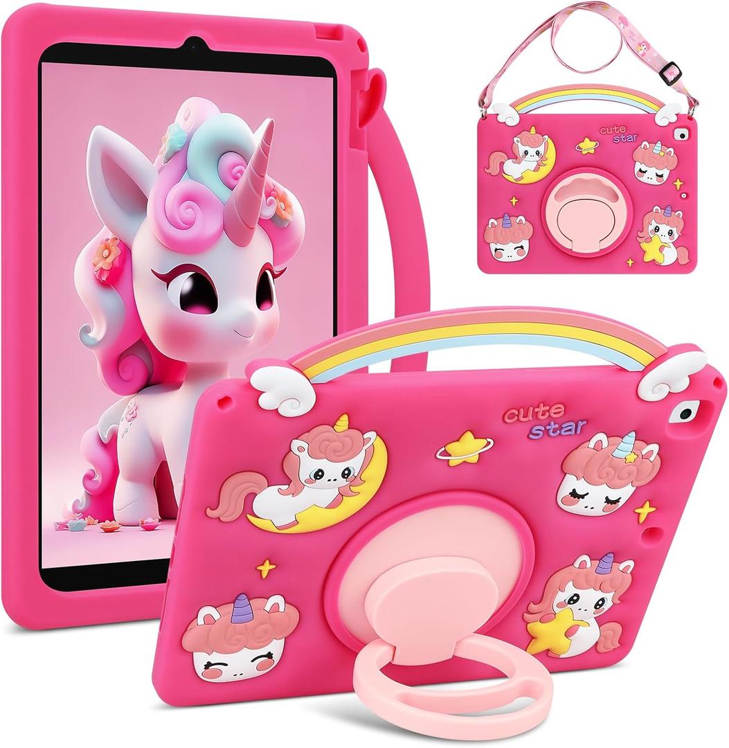 VOFUOE for iPad 6th/5th Generation Case Kids Girls for iPad 9.7 Case 2018 2017 with Shoulder Straps 360  Stand Rainbow Unicorn Soft Silicone Protective Cover for iPad Pro for iPad Air 2th-Hot Pink