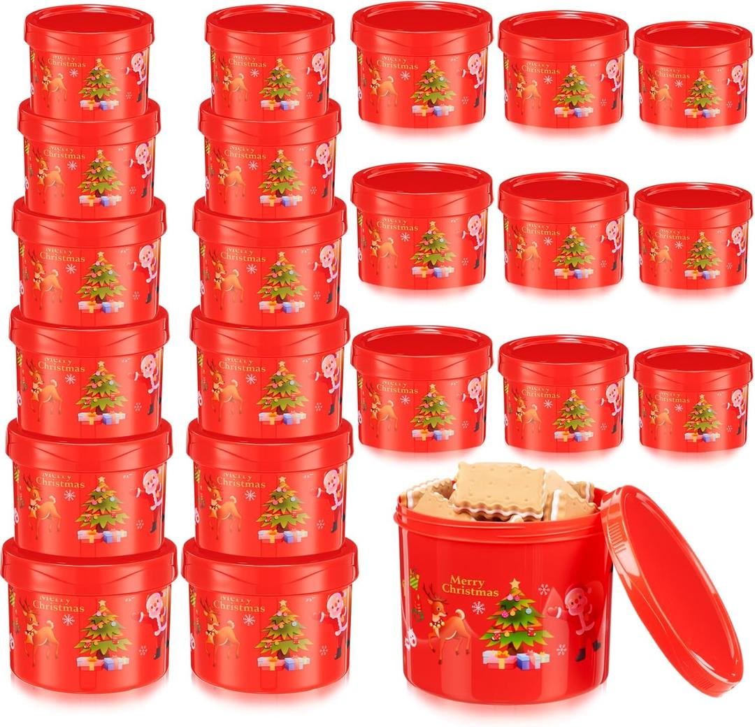 Vesici 24 Pcs Christmas Cookie Containers with Lids Red Plastic Round 6 Size Nesting Stackable Christmas Cookie Tins Reusable Holiday Snack Candy Goodie Treat Buckets Boxes for Gift Bake Storage