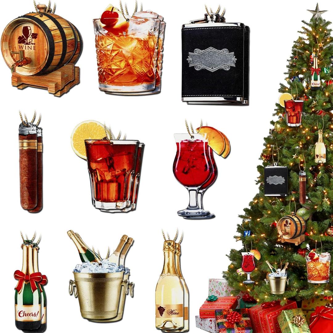 Amyhill 27 Pcs Christmas Ornaments Adult Beverages Liquor Champagne Bottle Wooden Cocktail Christmas Ornaments for Christmas Tree Decorative Hanging Ornaments with 11.8 Inch Gold Ropes