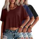 Huukeay 3 Pack Oversized Cropped T Shirts for Women Casual Short Sleeves Crop Tops Crew Neck Irregular Hem Baggy Tees (Size X-Large, Wine Red, Navy Blue, Black)