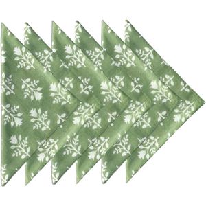 Craftbot Soft Cotton Dinner Napkins 18x18 inches - Washable Thin Cloth Napkins Set of 6 - Everyday Use or Dinner Party and Events - Sage Green Floral Pattern Lightweight Indian Block Print Fabric