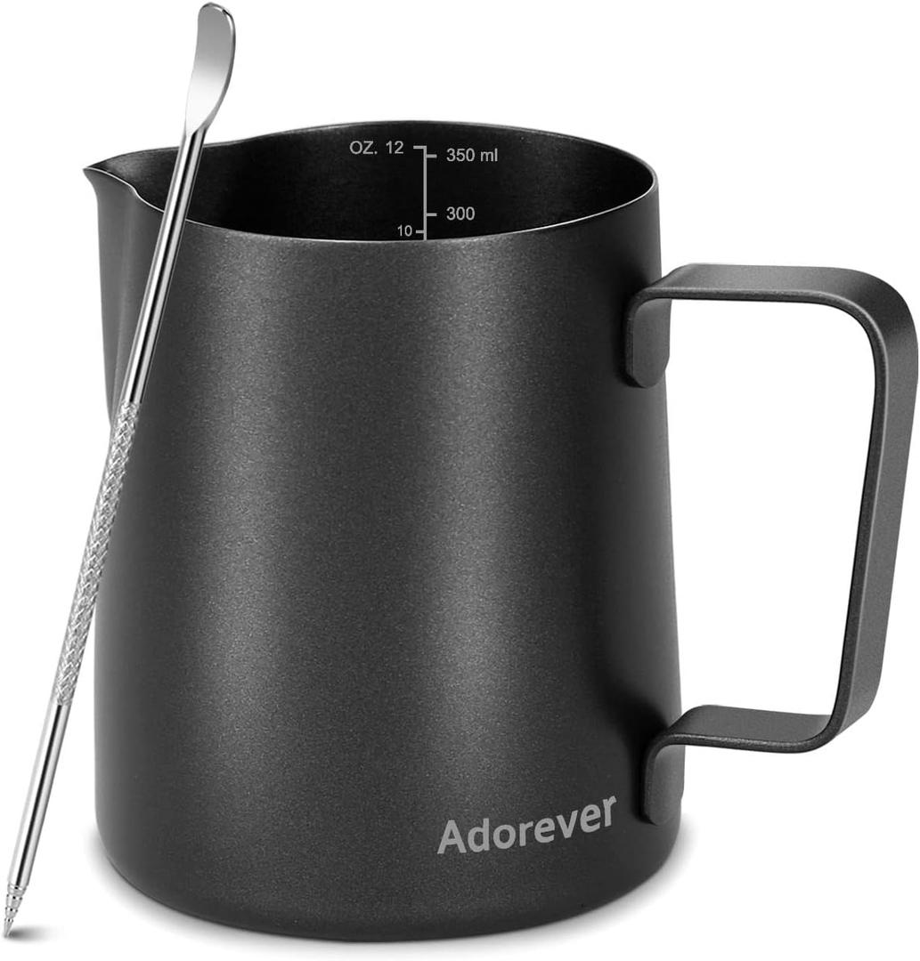 Milk Frothing Pitcher 350ml/12oz Steaming Pitchers Stainless Steel Milk Coffee Cappuccino Latte Art Barista Steam Pitchers Milk Jug Cup with Decorating Art Pen, Matte Black