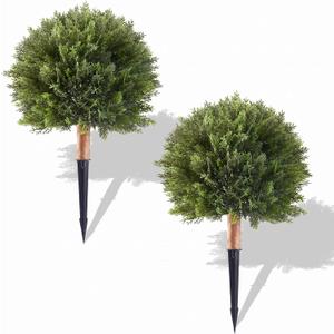 24.8" Artificial Cedar Topiary Ball Trees Set, 2 Pack Faux Cypress Plants UV Resistant Pine Shrubs Fake Bushes for Outdoor Indoor Front Porch Garden